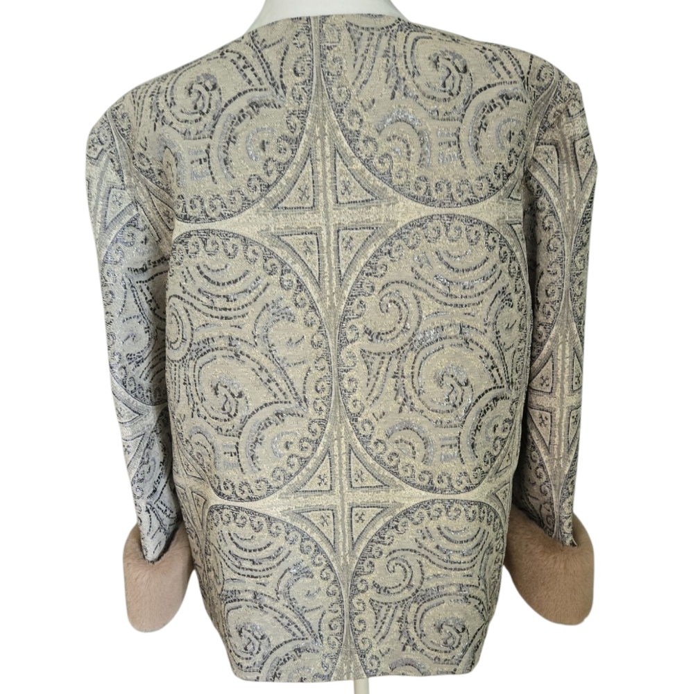 Chico's Convertible Faux Fur Cuff Jacquard Jacket In Grey/Blue - Picture 5 of 10
